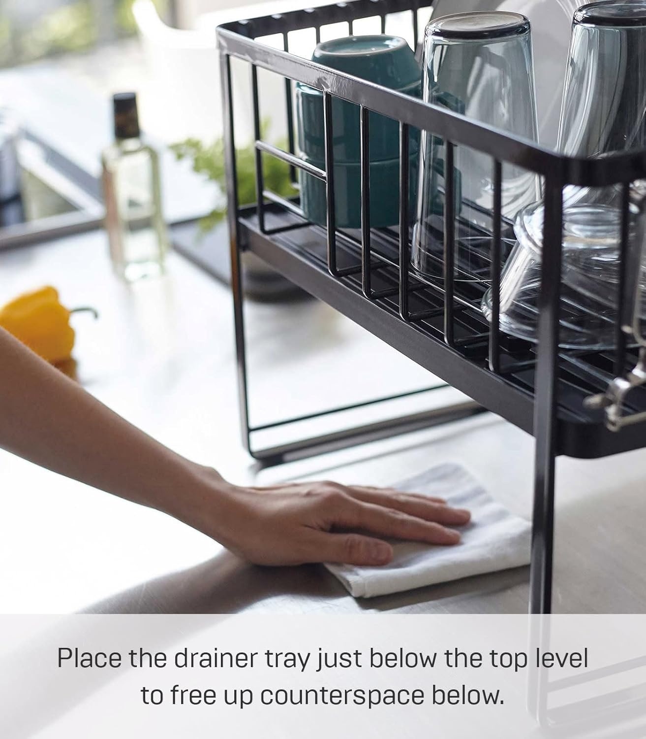 image:imageYAMAZAKI Home Tower TwoTier Adjustable Dish Drainer Rack Compact Drying Rack with Hooks Utensils Holder Steel Black