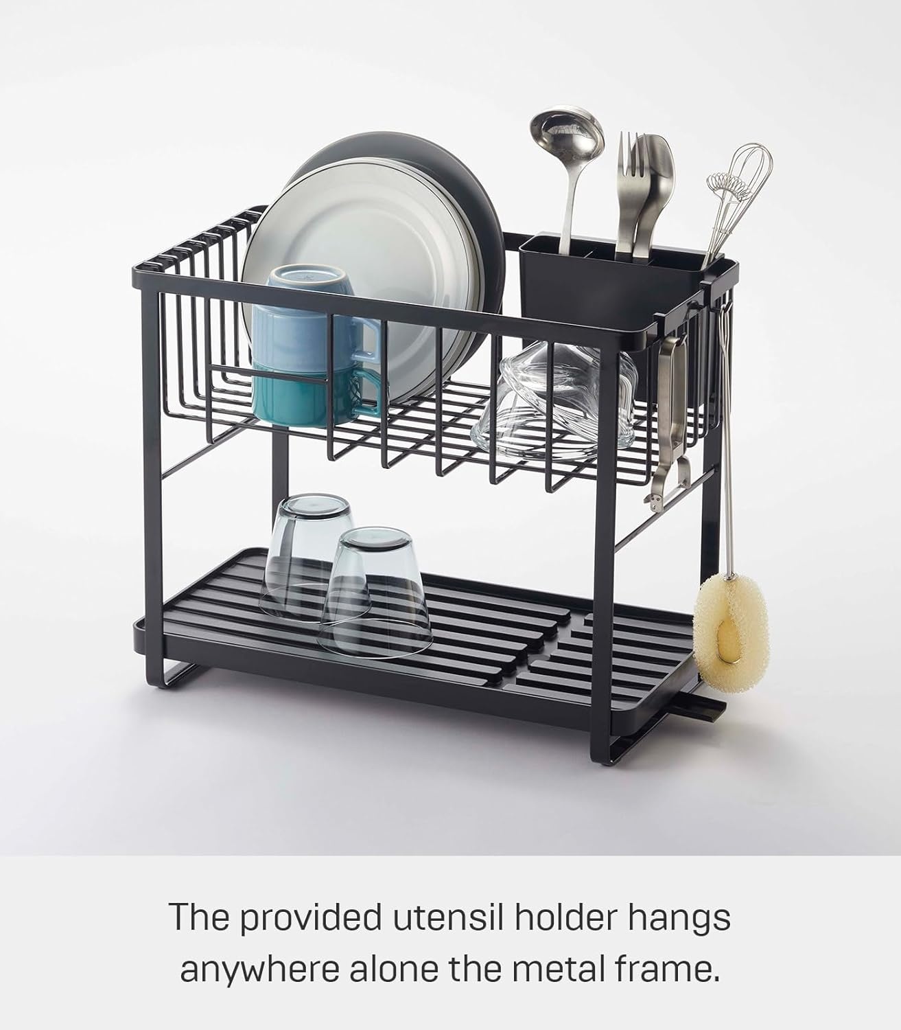 image:imageYAMAZAKI Home Tower TwoTier Adjustable Dish Drainer Rack Compact Drying Rack with Hooks Utensils Holder Steel Black
