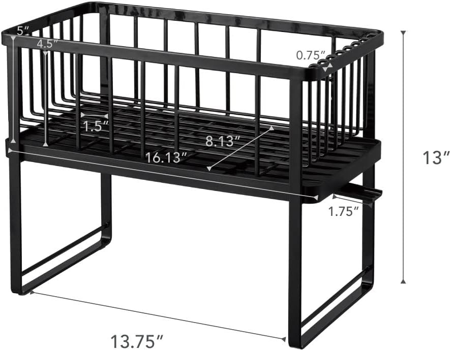 image:imageYAMAZAKI Home Tower TwoTier Adjustable Dish Drainer Rack Compact Drying Rack with Hooks Utensils Holder Steel Black