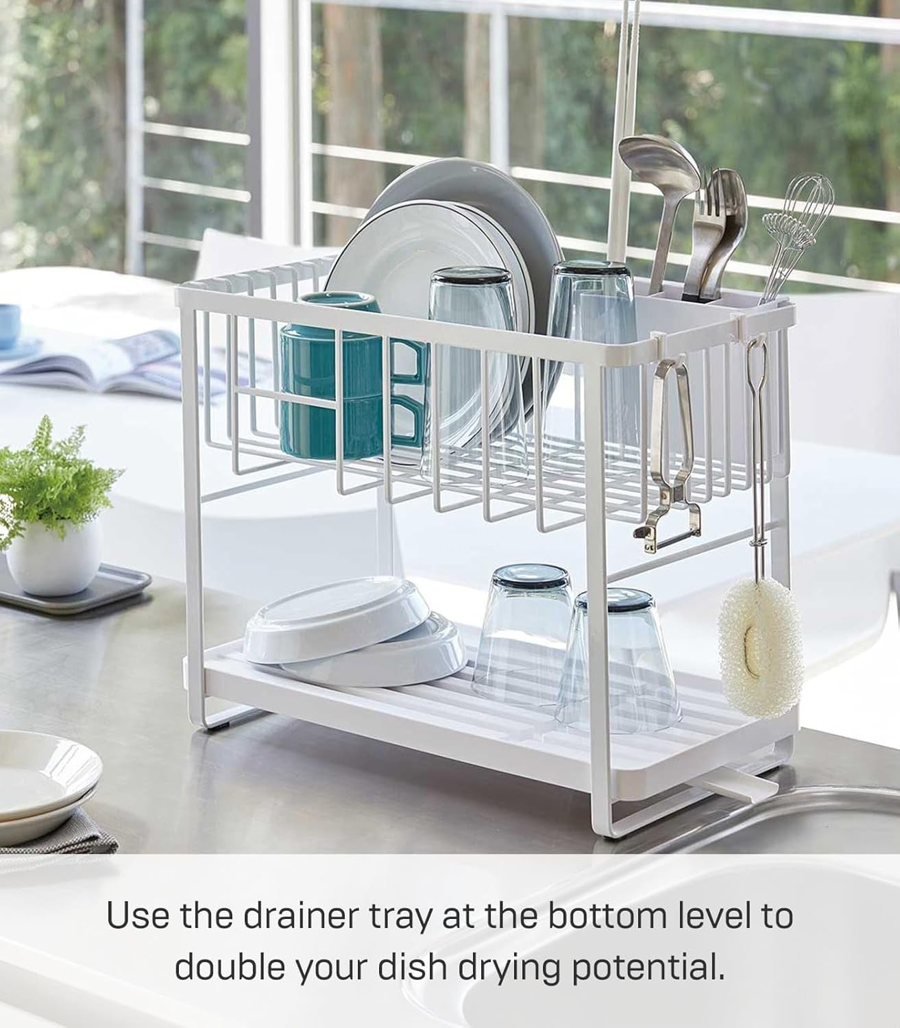 image:imageYAMAZAKI Home Tower TwoTier Adjustable Dish Drainer Rack Compact Drying Rack with Hooks Utensils Holder Steel White