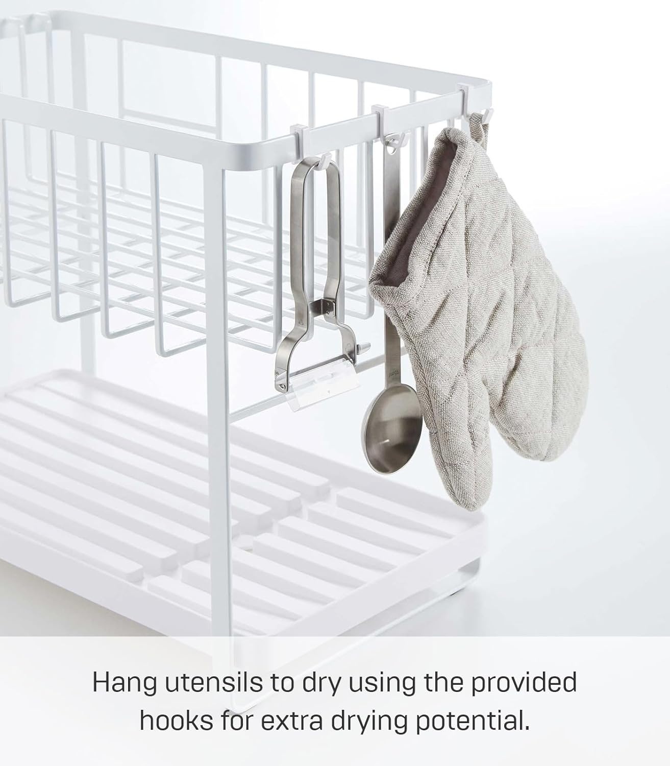 image:imageYAMAZAKI Home Tower TwoTier Adjustable Dish Drainer Rack Compact Drying Rack with Hooks Utensils Holder Steel White