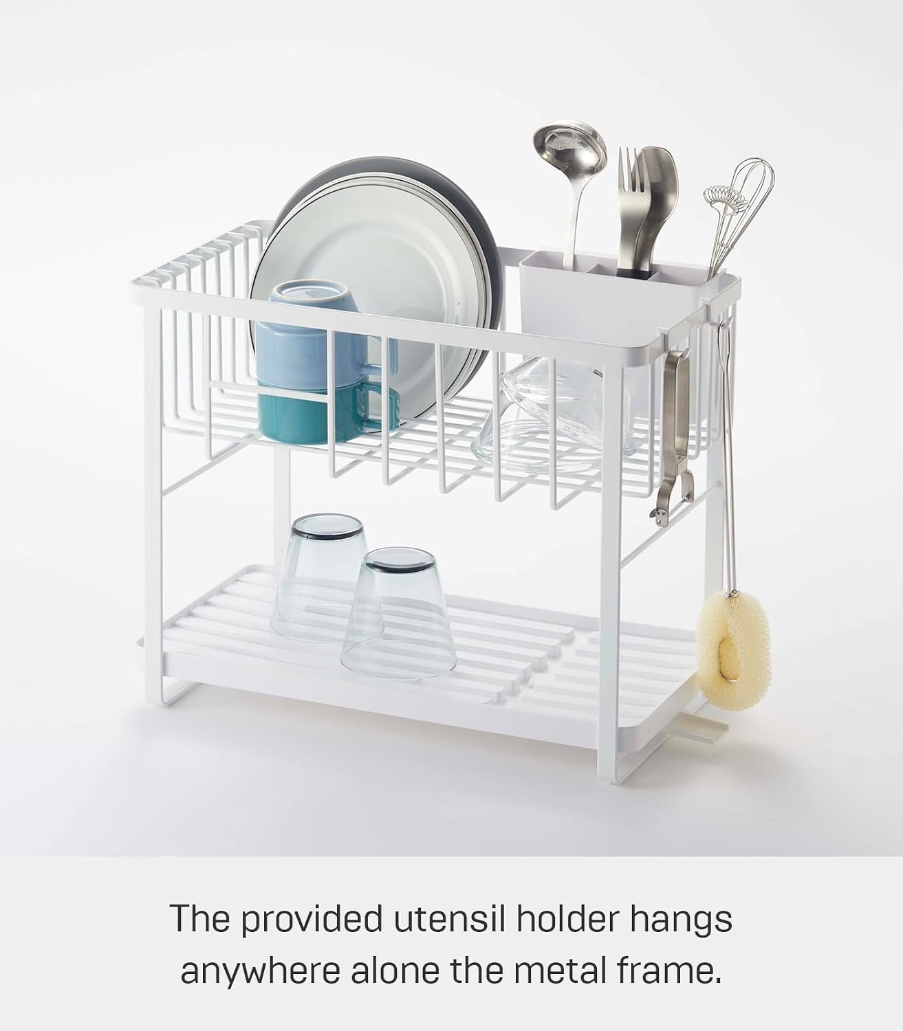 image:imageYAMAZAKI Home Tower TwoTier Adjustable Dish Drainer Rack Compact Drying Rack with Hooks Utensils Holder Steel White