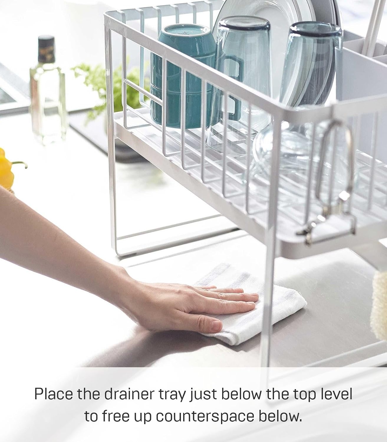 image:imageYAMAZAKI Home Tower TwoTier Adjustable Dish Drainer Rack Compact Drying Rack with Hooks Utensils Holder Steel White