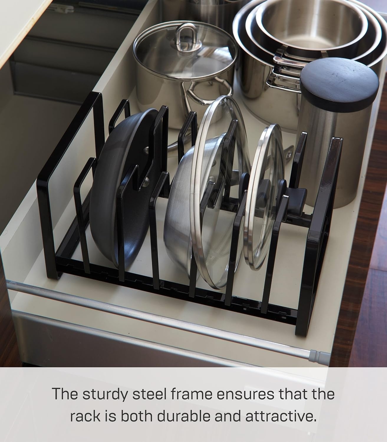 image:imageYAMAZAKI Home Tower Under Sink Pot Lids And Frying Pan Storage Kitchen Drawer Organizer Rack SteelBlack