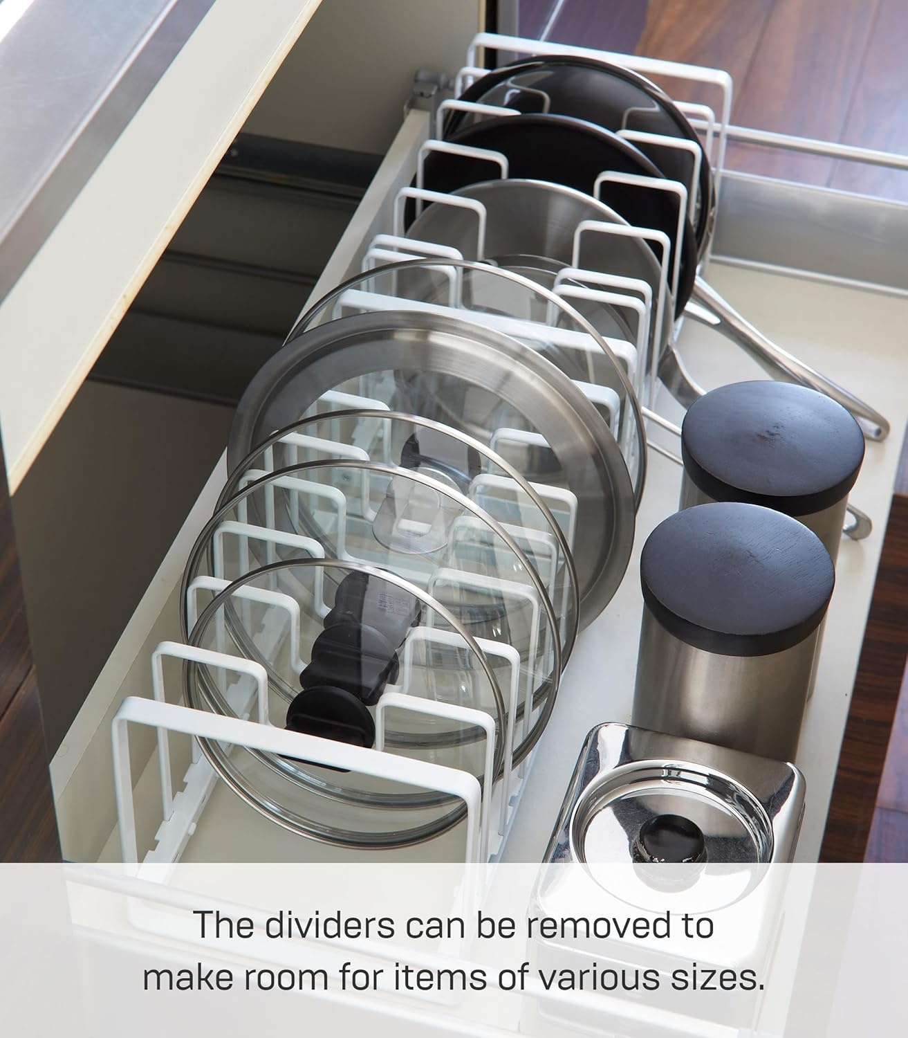 image:imageYAMAZAKI Home Tower Under Sink Pot Lids And Frying Pan Storage Kitchen Drawer Organizer Rack SteelWhite