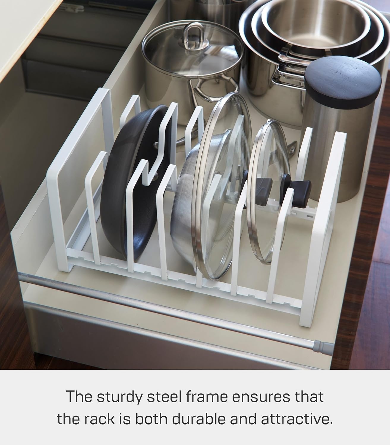 image:imageYAMAZAKI Home Tower Under Sink Pot Lids And Frying Pan Storage Kitchen Drawer Organizer Rack SteelWhite