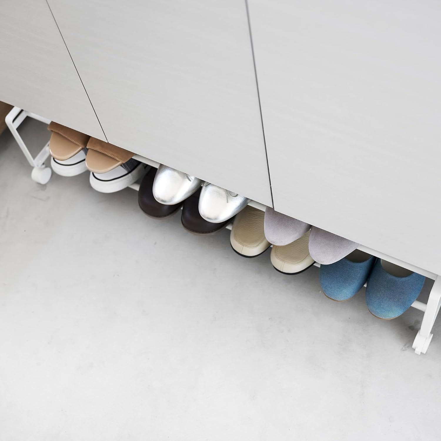 image:imageYAMAZAKI Home TwoTier Rolling Shoe Rack LowProfile Metal Shoe Organizer On Wheels for Small Spaces Under Bed Or Closet Storage Holds Up to 8 Pairs Modern Minimal Design 8 Steel White