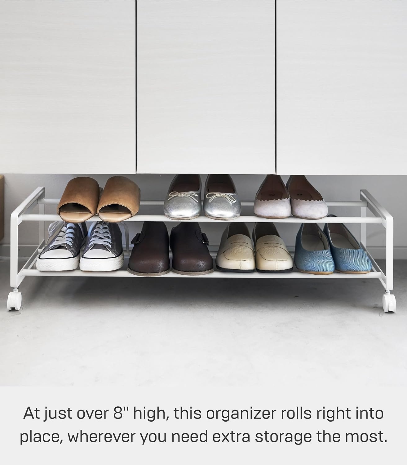 image:imageYAMAZAKI Home TwoTier Rolling Shoe Rack LowProfile Metal Shoe Organizer On Wheels for Small Spaces Under Bed Or Closet Storage Holds Up to 8 Pairs Modern Minimal Design 8 Steel White