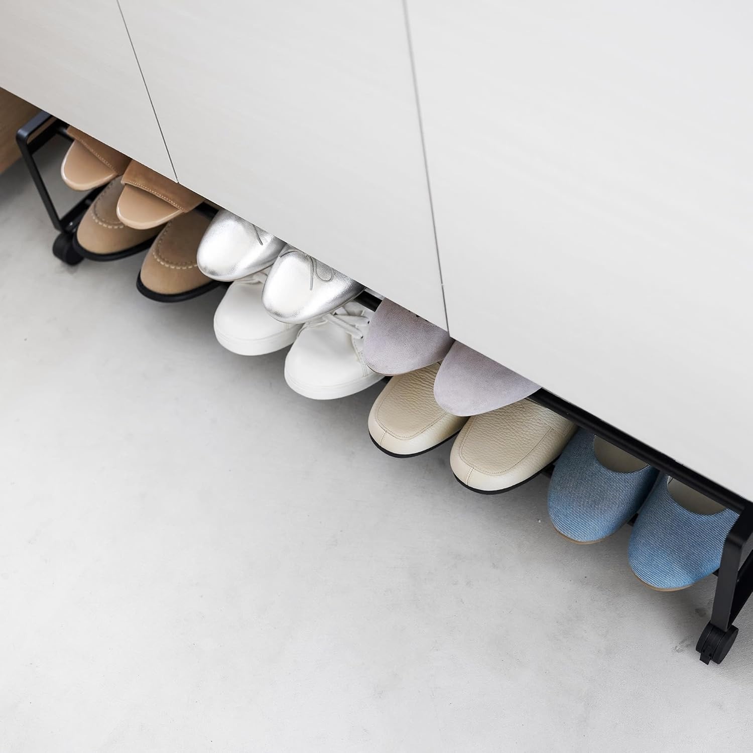 image:imageYAMAZAKI Home TwoTier Rolling Shoe Rack LowProfile Metal Shoe Organizer On Wheels for Small Spaces Under Bed Or Closet Storage Holds Up to 8 Pairs Modern Minimal Design 8 Steel Black