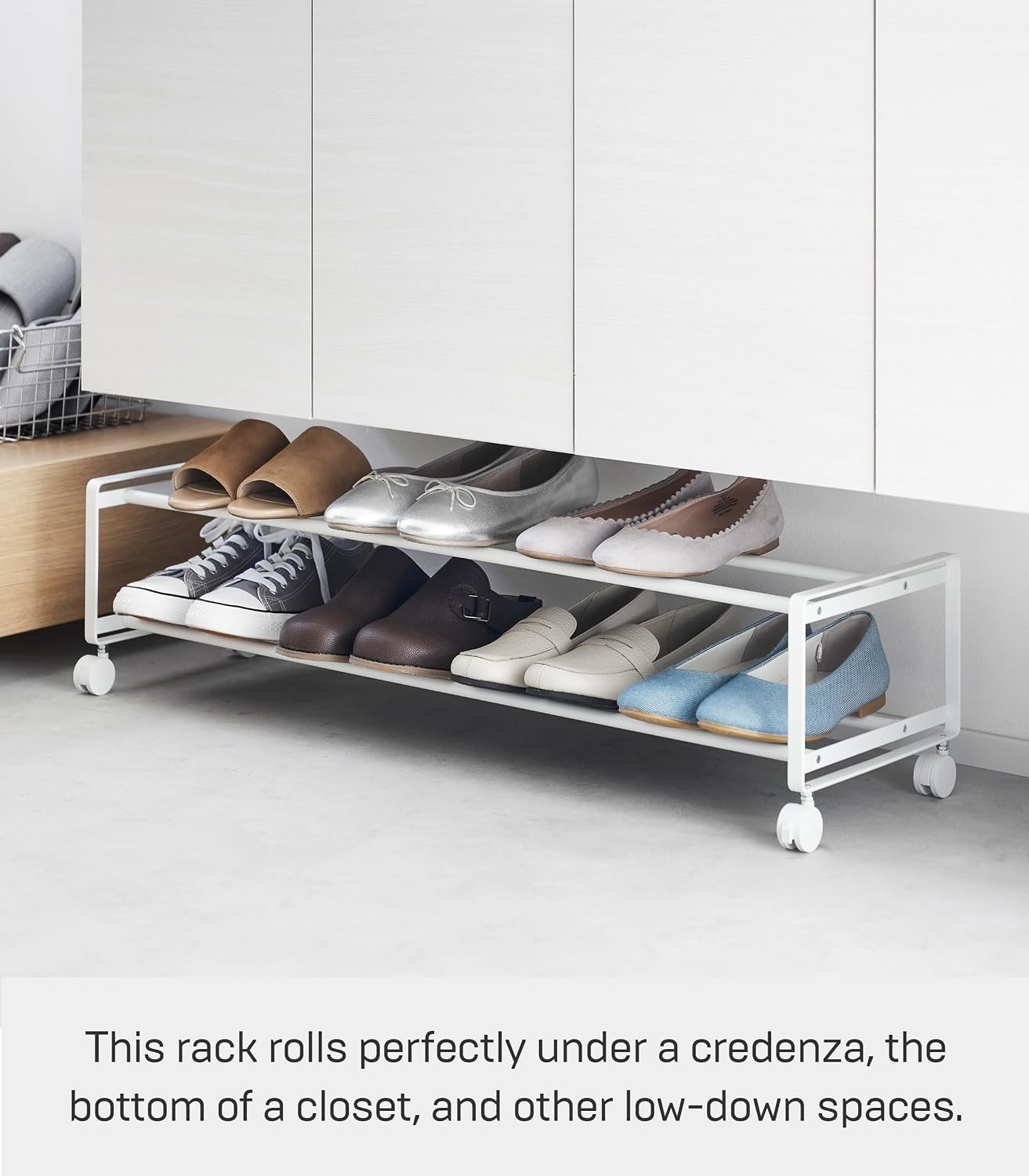 image:imageYAMAZAKI Home TwoTier Rolling Shoe Rack LowProfile Metal Shoe Organizer On Wheels for Small Spaces Under Bed Or Closet Storage Holds Up to 8 Pairs Modern Minimal Design 8 Steel White