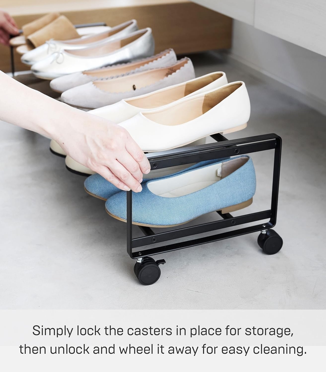 image:imageYAMAZAKI Home TwoTier Rolling Shoe Rack LowProfile Metal Shoe Organizer On Wheels for Small Spaces Under Bed Or Closet Storage Holds Up to 8 Pairs Modern Minimal Design 8 Steel Black