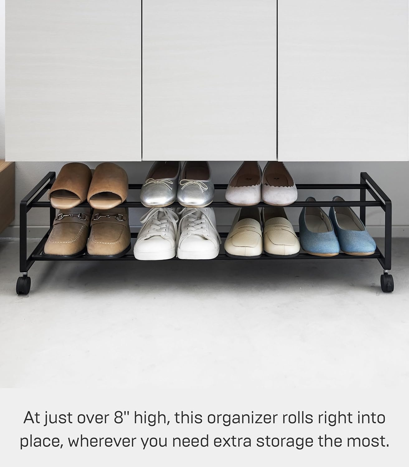 image:imageYAMAZAKI Home TwoTier Rolling Shoe Rack LowProfile Metal Shoe Organizer On Wheels for Small Spaces Under Bed Or Closet Storage Holds Up to 8 Pairs Modern Minimal Design 8 Steel Black