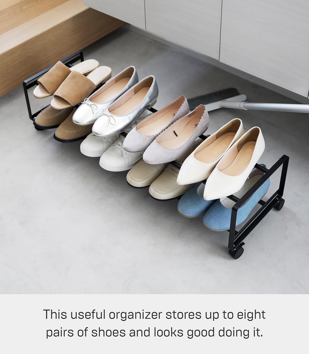 image:imageYAMAZAKI Home TwoTier Rolling Shoe Rack LowProfile Metal Shoe Organizer On Wheels for Small Spaces Under Bed Or Closet Storage Holds Up to 8 Pairs Modern Minimal Design 8 Steel Black