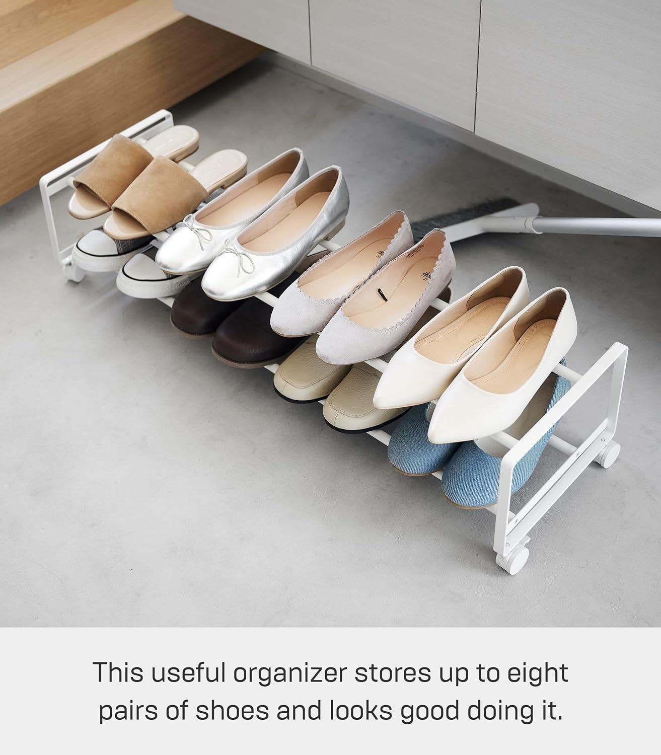 image:imageYAMAZAKI Home TwoTier Rolling Shoe Rack LowProfile Metal Shoe Organizer On Wheels for Small Spaces Under Bed Or Closet Storage Holds Up to 8 Pairs Modern Minimal Design 8 Steel White