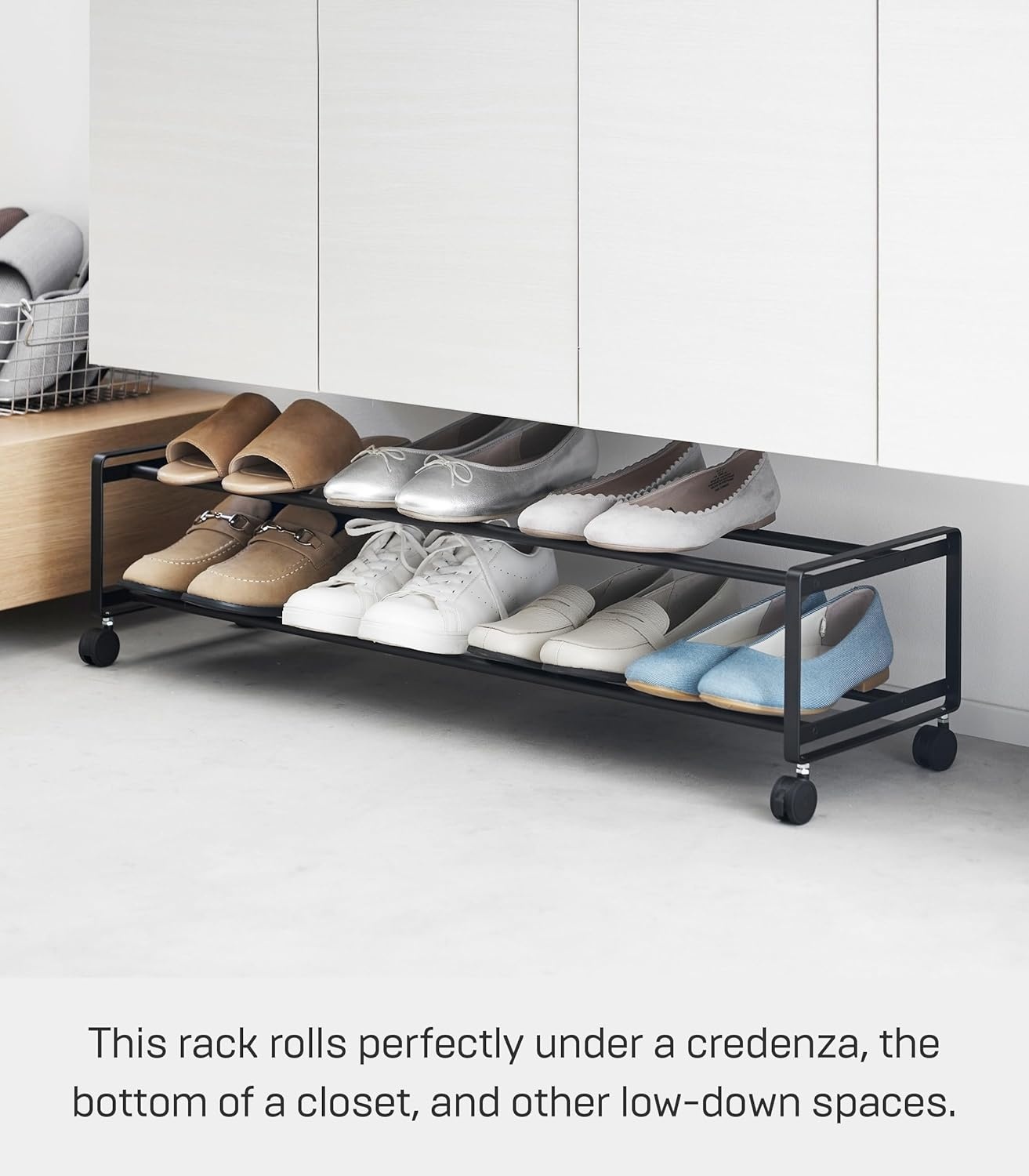 image:imageYAMAZAKI Home TwoTier Rolling Shoe Rack LowProfile Metal Shoe Organizer On Wheels for Small Spaces Under Bed Or Closet Storage Holds Up to 8 Pairs Modern Minimal Design 8 Steel Black