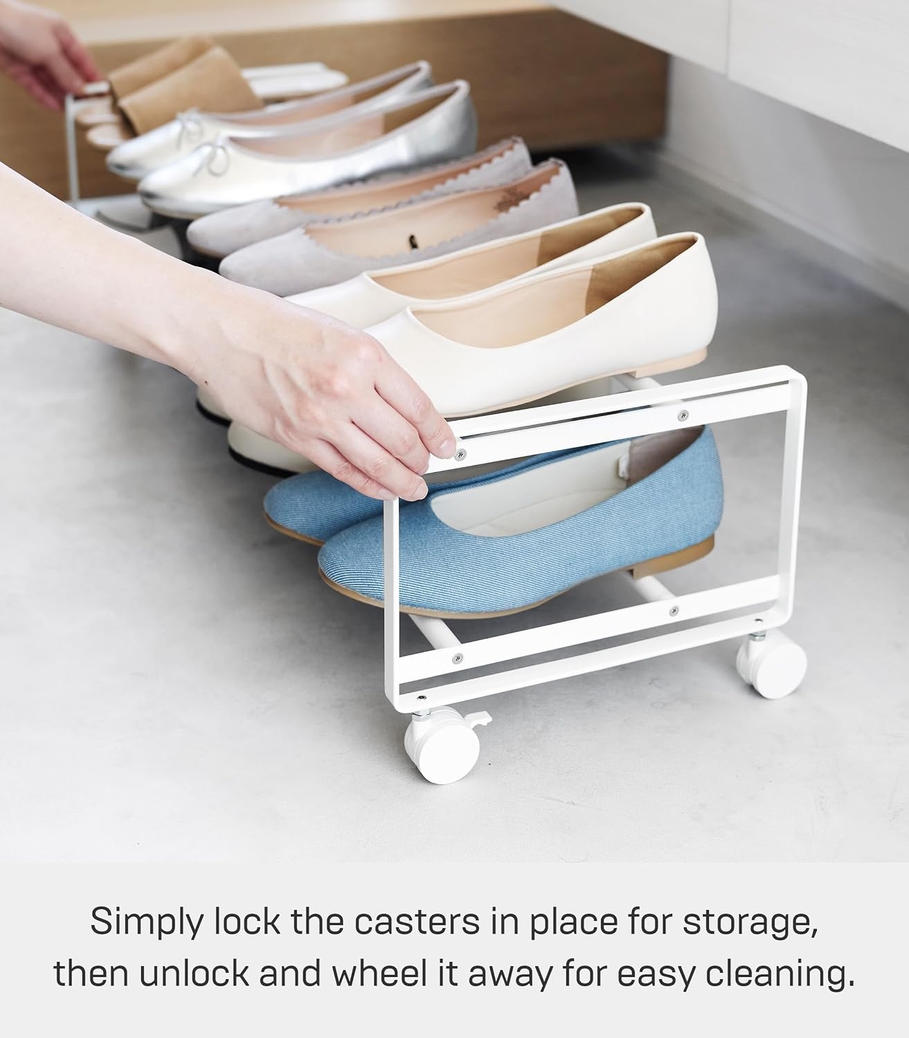 image:imageYAMAZAKI Home TwoTier Rolling Shoe Rack LowProfile Metal Shoe Organizer On Wheels for Small Spaces Under Bed Or Closet Storage Holds Up to 8 Pairs Modern Minimal Design 8 Steel White
