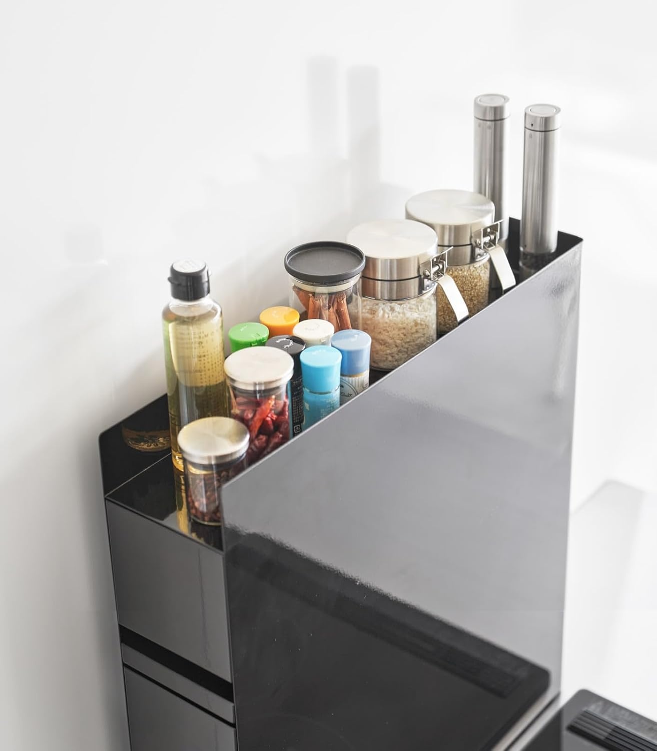 image:imageYAMAZAKI Home TwoTier Sliding Drawer Seasoning Rack Pull Out Spice Rack for Countertop Steel Kitchen Organizer with Magnetic Panels Modern Spice Storage Drawer Black Easy Access DesignBlack