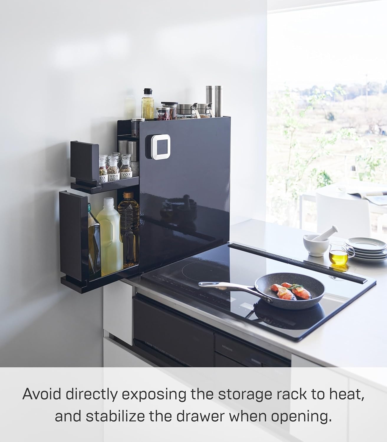 image:imageYAMAZAKI Home TwoTier Sliding Drawer Seasoning Rack Pull Out Spice Rack for Countertop Steel Kitchen Organizer with Magnetic Panels Modern Spice Storage Drawer Black Easy Access DesignBlack