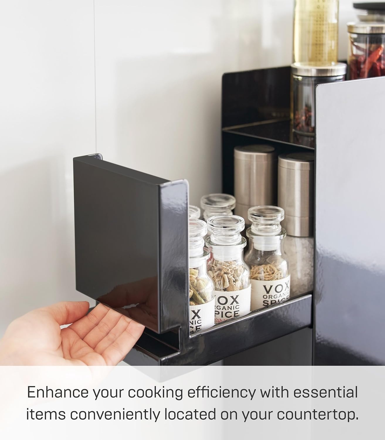 image:imageYAMAZAKI Home TwoTier Sliding Drawer Seasoning Rack Pull Out Spice Rack for Countertop Steel Kitchen Organizer with Magnetic Panels Modern Spice Storage Drawer Black Easy Access DesignBlack