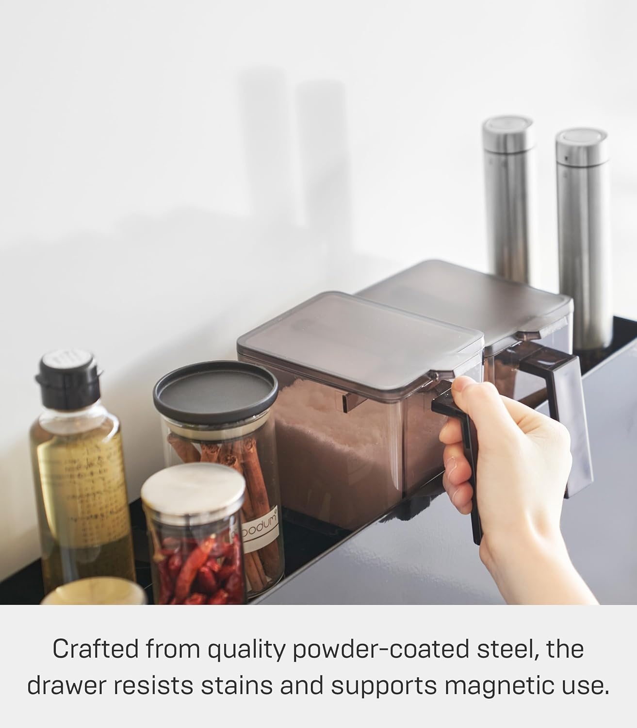 image:imageYAMAZAKI Home TwoTier Sliding Drawer Seasoning Rack Pull Out Spice Rack for Countertop Steel Kitchen Organizer with Magnetic Panels Modern Spice Storage Drawer Black Easy Access DesignBlack