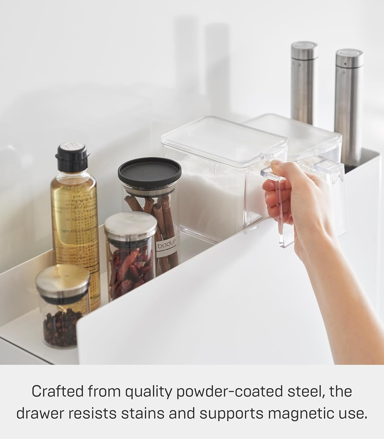 image:imageYAMAZAKI Home TwoTier Sliding Drawer Seasoning Rack Pull Out Spice Rack for Countertop Steel Kitchen Organizer with Magnetic Panels Modern Spice Storage Drawer Black Easy Access DesignWhite