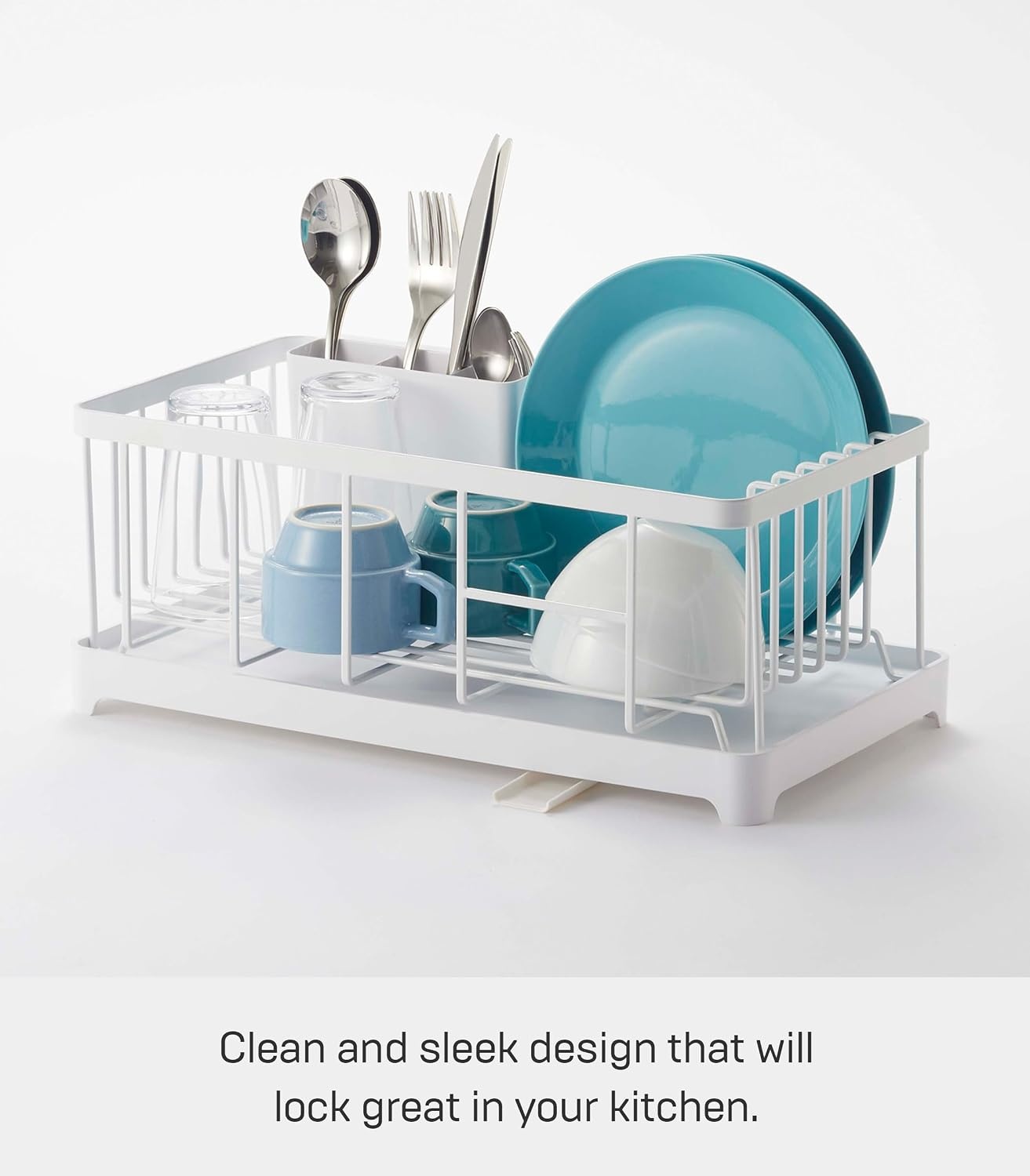 image:imageYAMAZAKI Home Wire Dish Drainer Rack with Removable Drainer Tray with Drainage Spout Utensils Holder Steel Draining Spout Water Resistant No Assembly ReqWhite