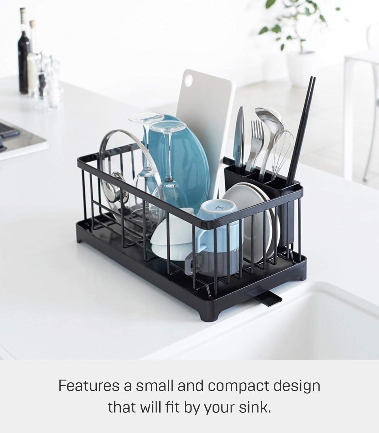 image:imageYAMAZAKI Home Wire Dish Drainer Rack with Removable Drainer Tray with Drainage Spout Utensils Holder Steel Draining Spout Water Resistant No Assembly ReqBlack