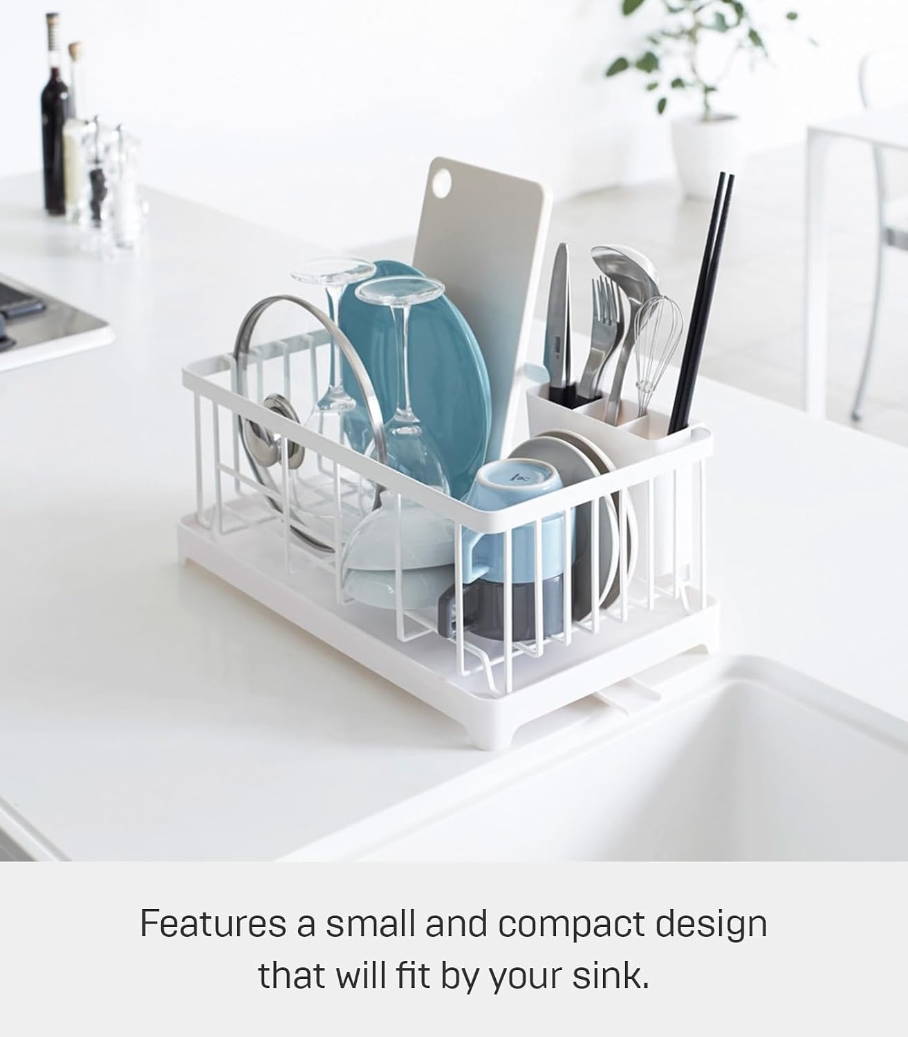image:imageYAMAZAKI Home Wire Dish Drainer Rack with Removable Drainer Tray with Drainage Spout Utensils Holder Steel Draining Spout Water Resistant No Assembly ReqWhite