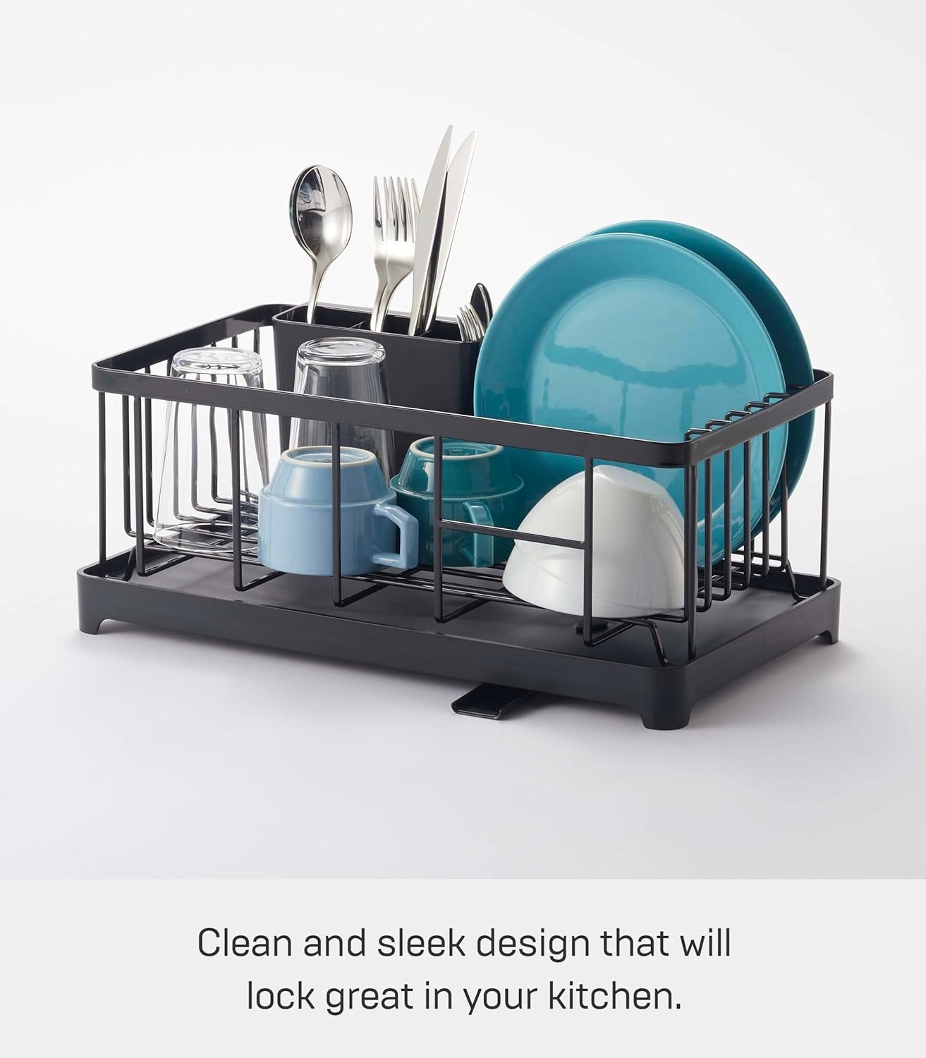 image:imageYAMAZAKI Home Wire Dish Drainer Rack with Removable Drainer Tray with Drainage Spout Utensils Holder Steel Draining Spout Water Resistant No Assembly ReqBlack