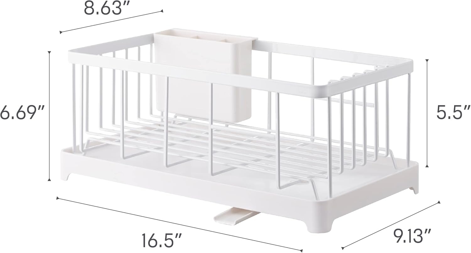 image:imageYAMAZAKI Home Wire Dish Drainer Rack with Removable Drainer Tray with Drainage Spout Utensils Holder Steel Draining Spout Water Resistant No Assembly ReqWhite