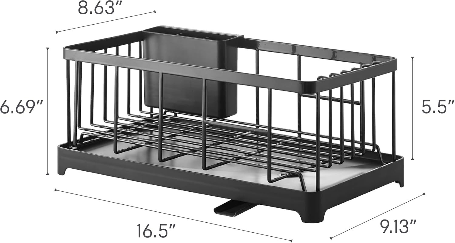 image:imageYAMAZAKI Home Wire Dish Drainer Rack with Removable Drainer Tray with Drainage Spout Utensils Holder Steel Draining Spout Water Resistant No Assembly ReqBlack