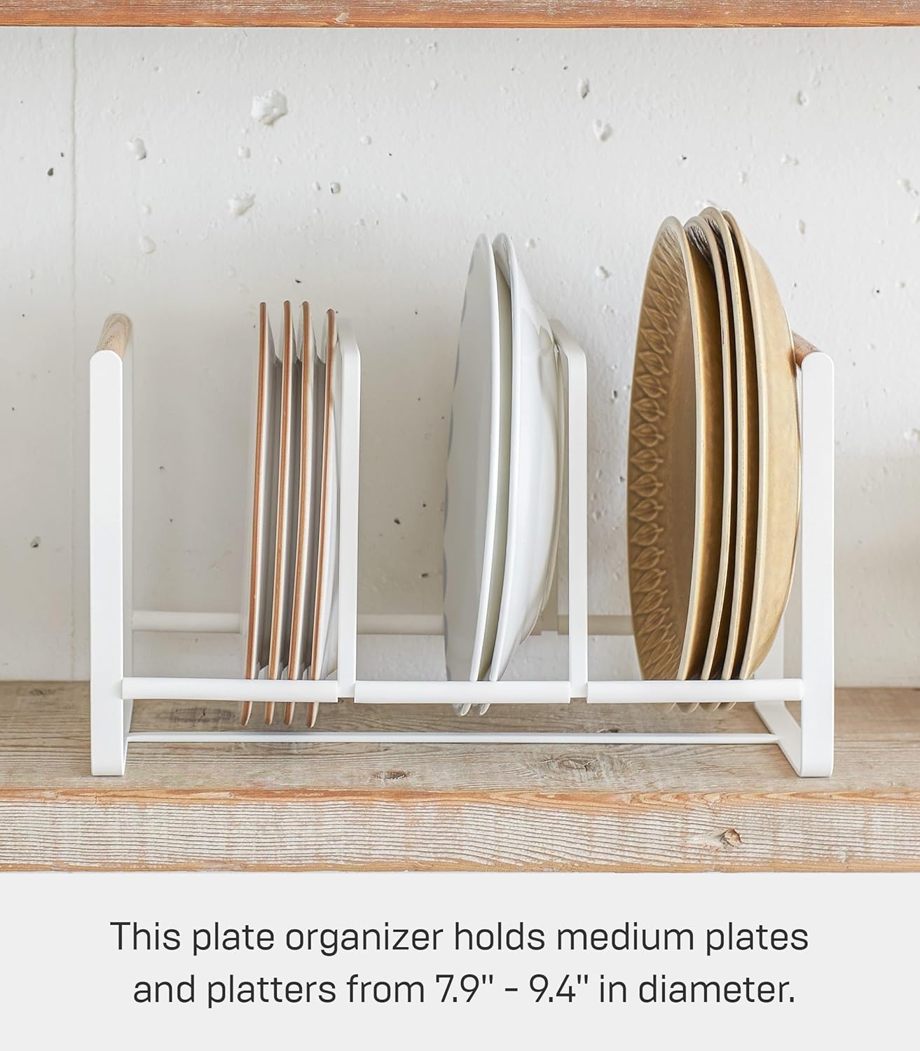 image:imageYAMAZAKI Home WoodAccented Dish Storage Rack Kitchen Organizer Holder Stand Steel Wood Large No Assembly ReqWhite