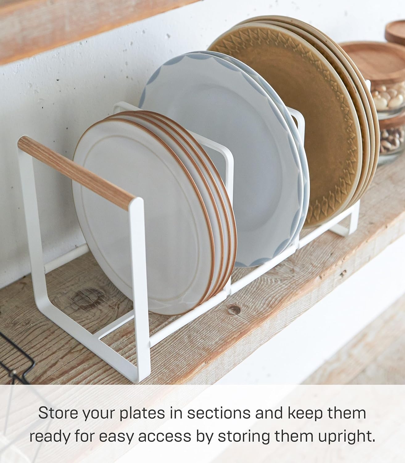 image:imageYAMAZAKI Home WoodAccented Dish Storage Rack Kitchen Organizer Holder Stand Steel Wood Large No Assembly ReqWhite