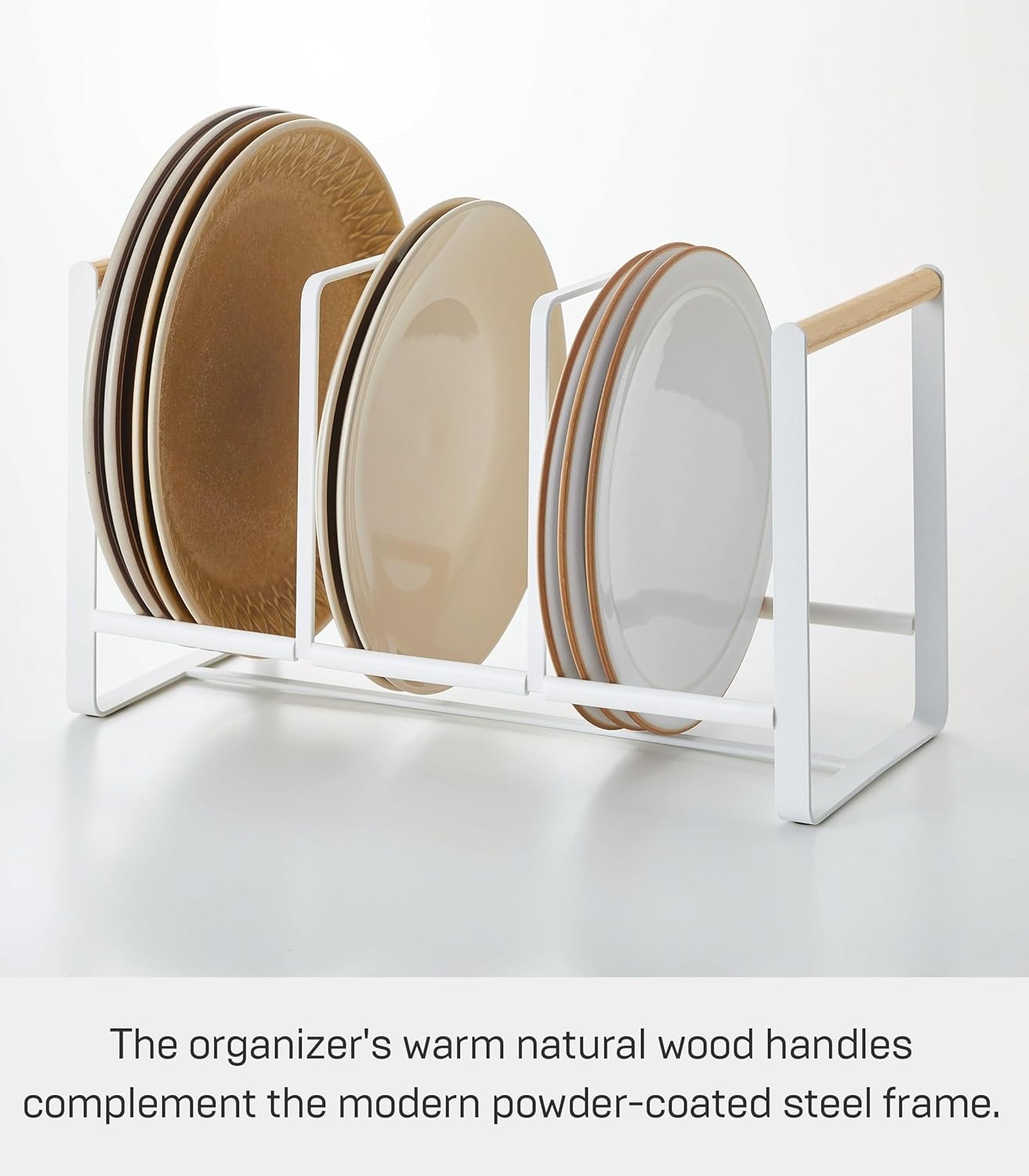 image:imageYAMAZAKI Home WoodAccented Dish Storage Rack Kitchen Organizer Holder Stand Steel Wood Large No Assembly ReqWhite