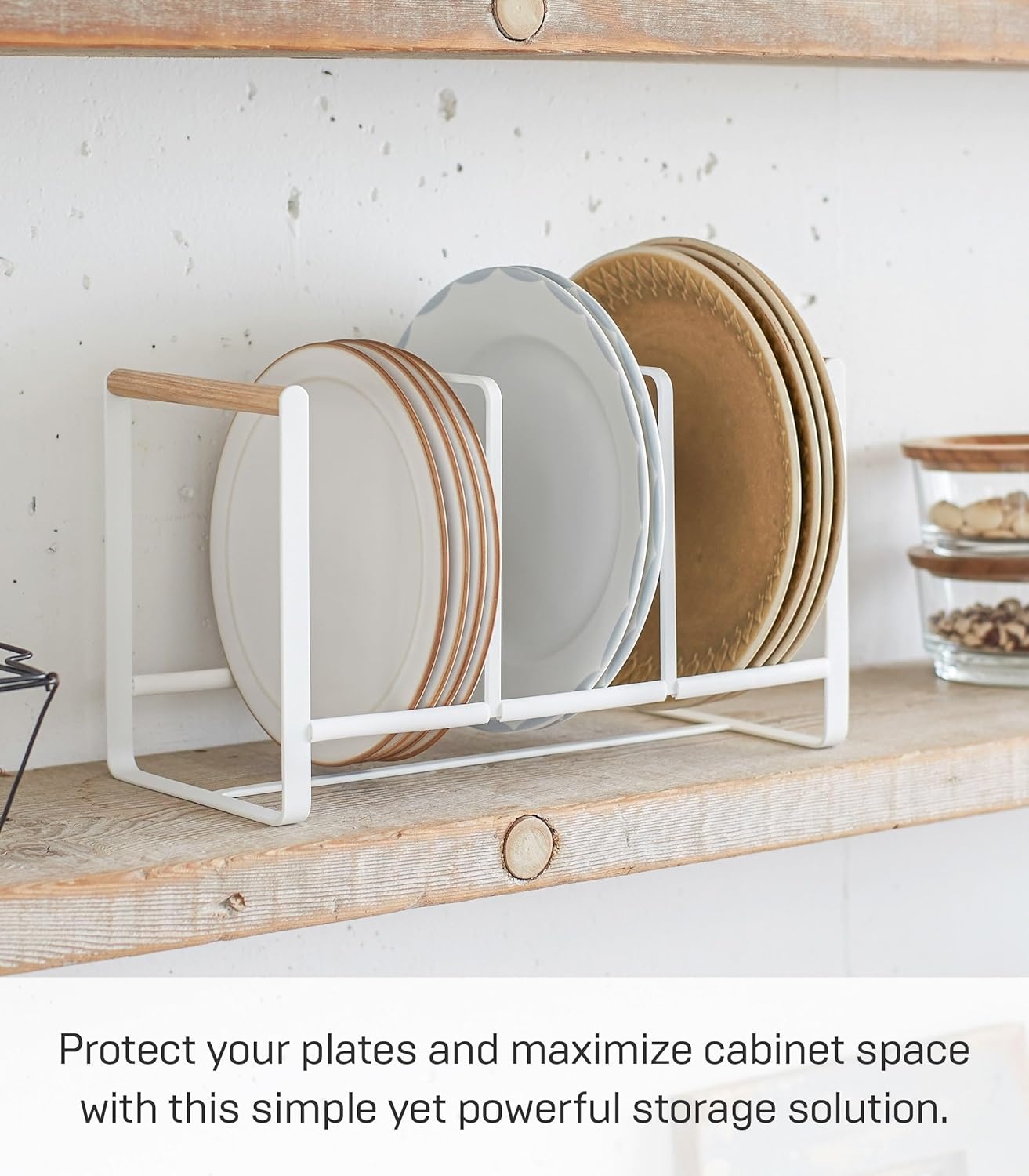 image:imageYAMAZAKI Home WoodAccented Dish Storage Rack Kitchen Organizer Holder Stand Steel Wood Large No Assembly ReqWhite