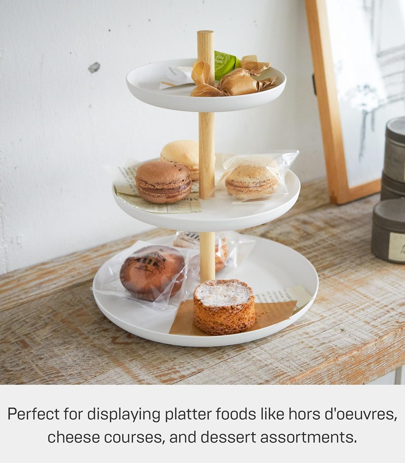 image:imageYamazaki Home 3Tier Food Serving Stand Appetizer amp Dessert Tray Party Organizer Steel Wood White79