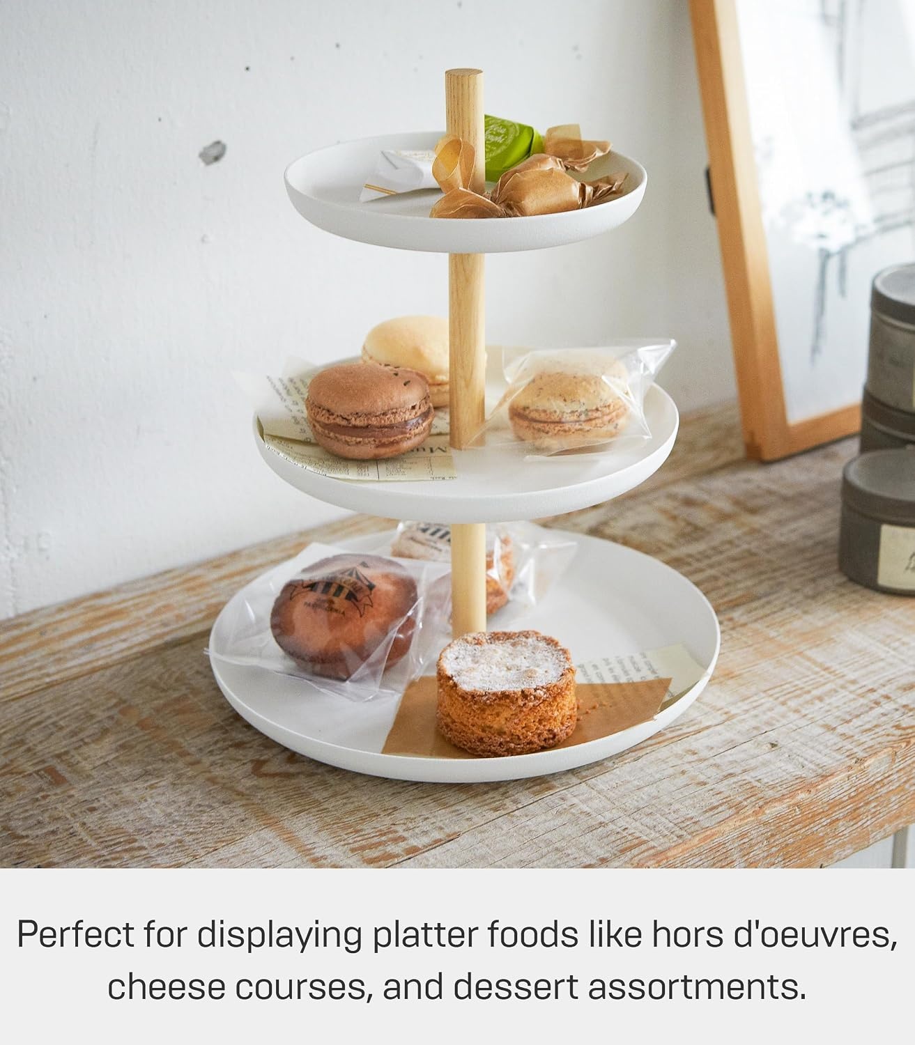 image:imageYamazaki Home 3Tier Food Serving Stand Appetizer amp Dessert Tray Party Organizer Steel Wood White79 Pack of 12