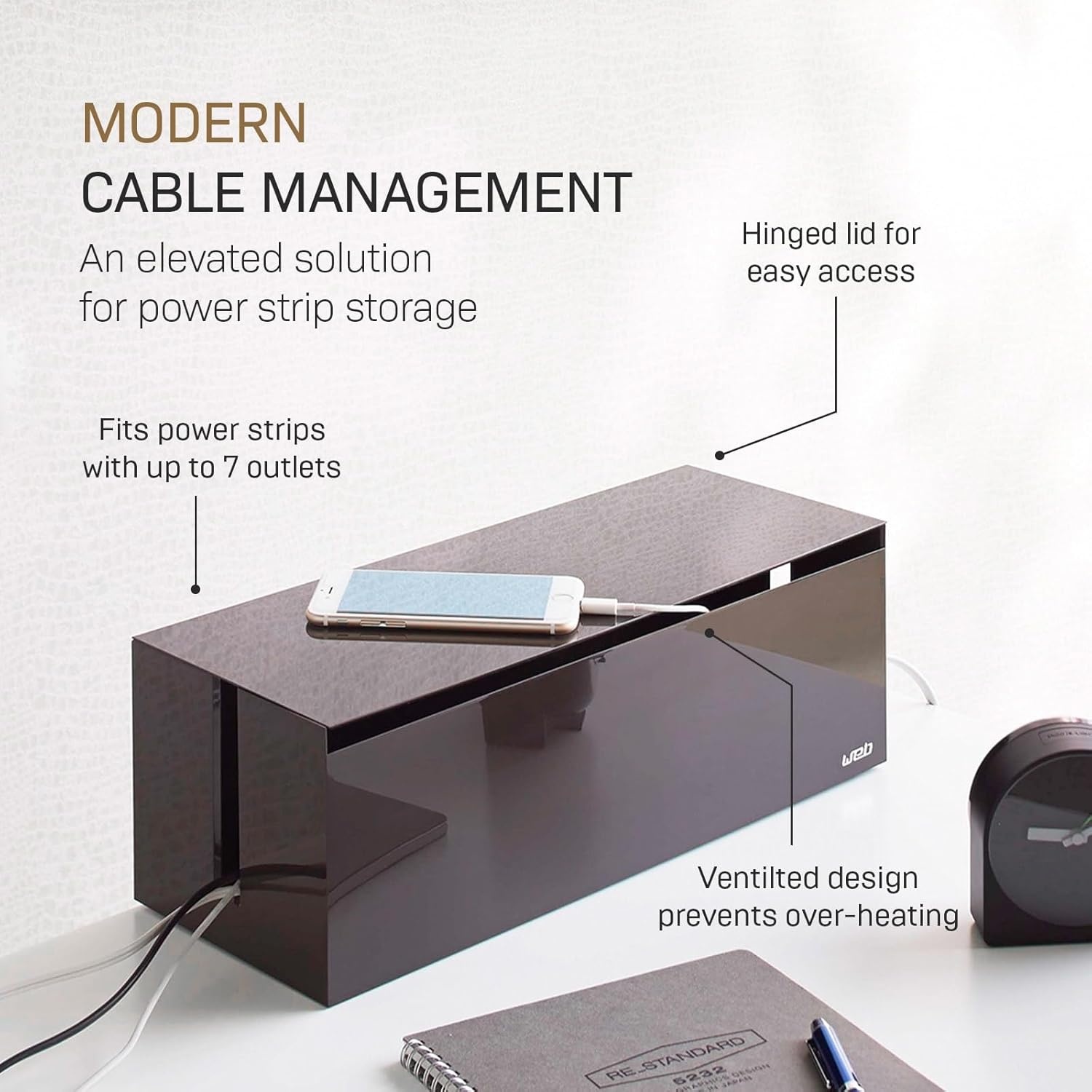 image:imageYamazaki Home Cable Management Box Cord Organizer Box with Lid Minimalist Cable Storage for Office ABS PlasticBrown