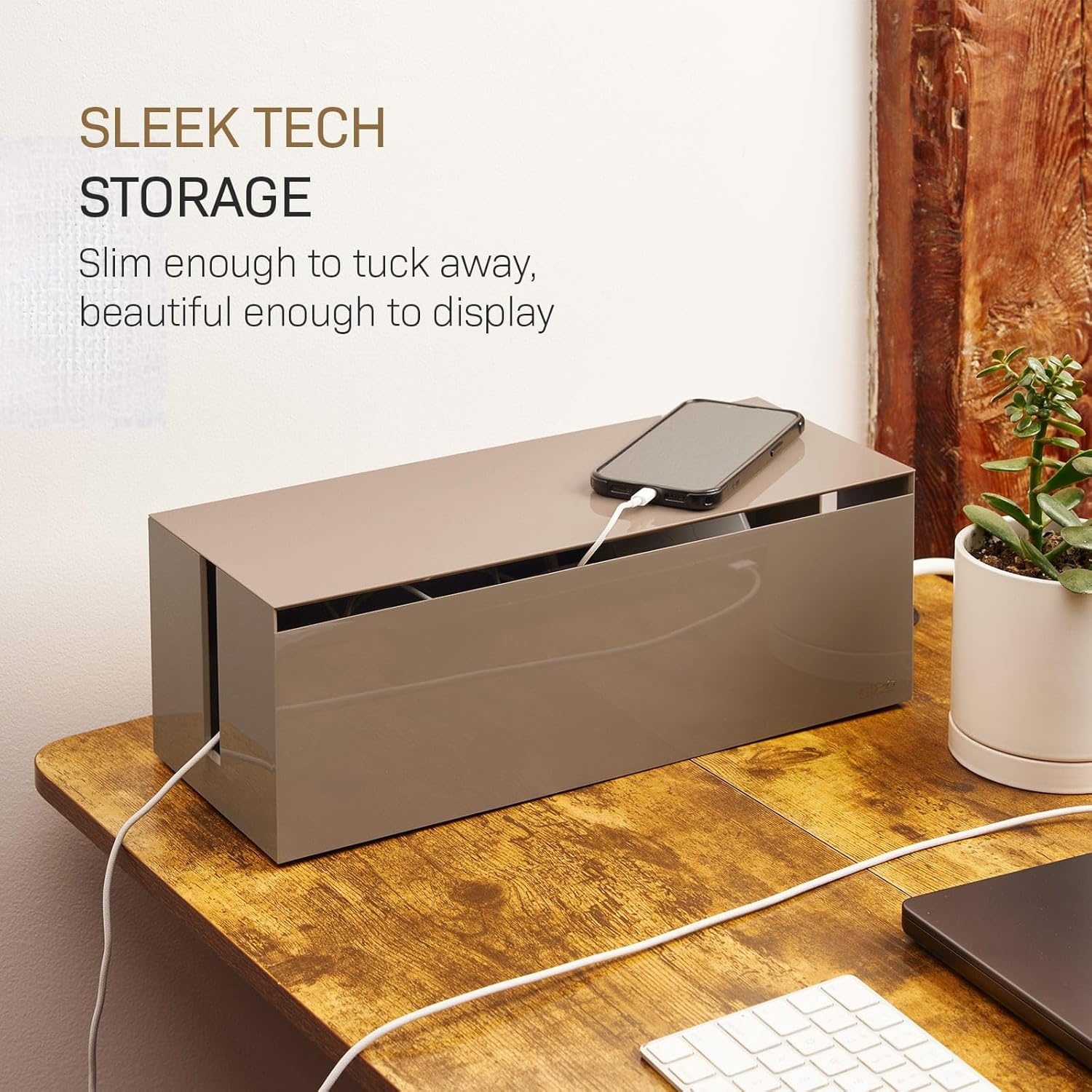 image:imageYamazaki Home Cable Management Box Cord Organizer Box with Lid Minimalist Cable Storage for Office ABS PlasticTaupe
