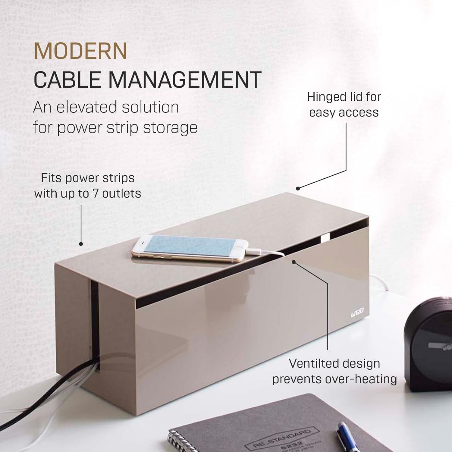 image:imageYamazaki Home Cable Management Box Cord Organizer Box with Lid Minimalist Cable Storage for Office ABS PlasticTaupe