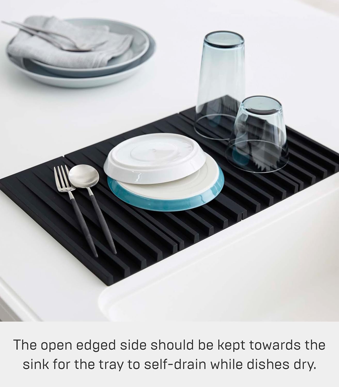 image:imageYamazaki Home Foldable Drainer Tray Kitchen Dish Drying Mat No Assembly ReqBlack