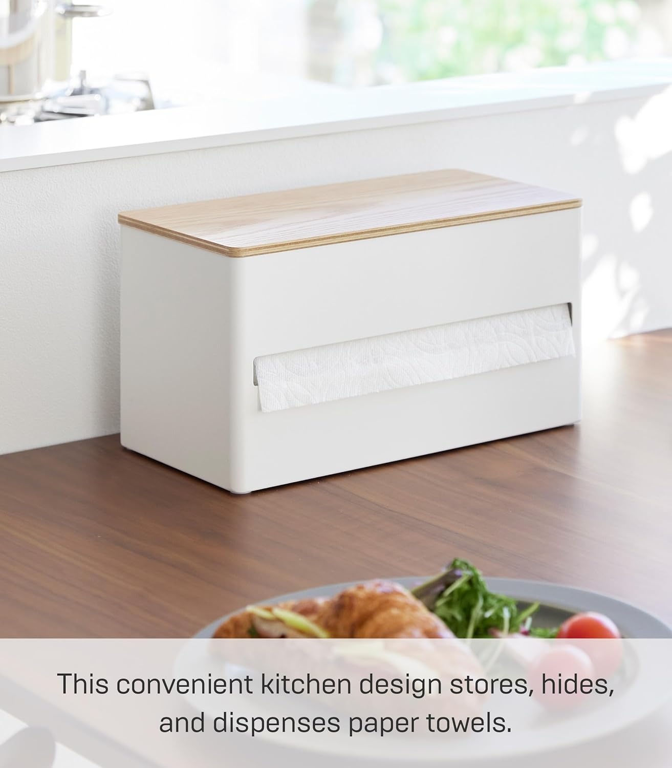 image:imageYamazaki Home Rin Kitchen Paper Holder Rin L OneHanded Tear Design Concealed Storage Fits Rolls Up To 6 Steel WoodAsh