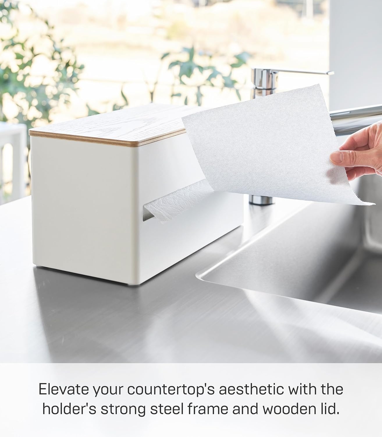 image:imageYamazaki Home Rin Kitchen Paper Holder Rin L OneHanded Tear Design Concealed Storage Fits Rolls Up To 6 Steel WoodAsh