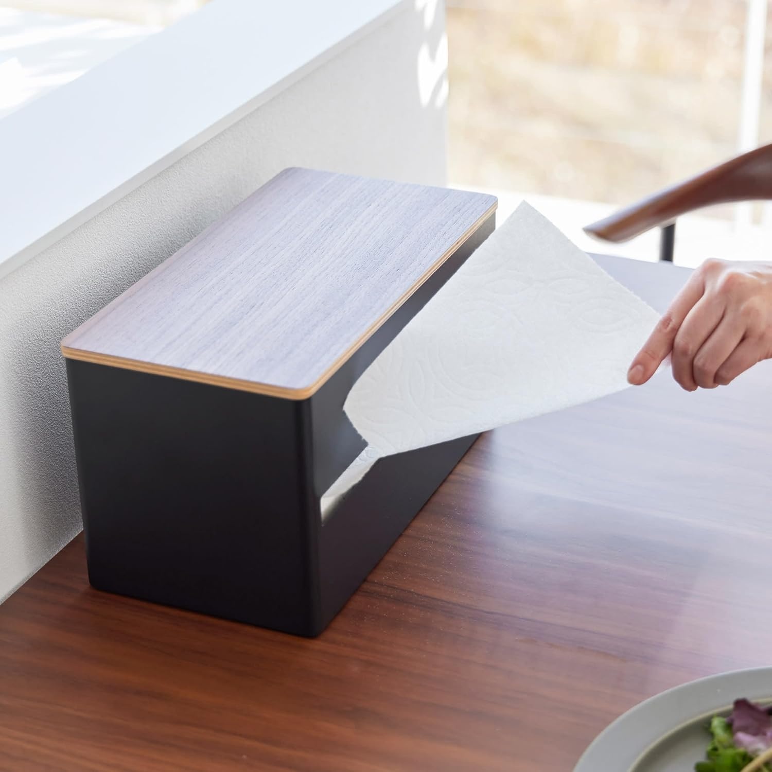 image:imageYamazaki Home Rin Kitchen Paper Holder Rin L OneHanded Tear Design Concealed Storage Fits Rolls Up To 6 Steel WoodWalnut