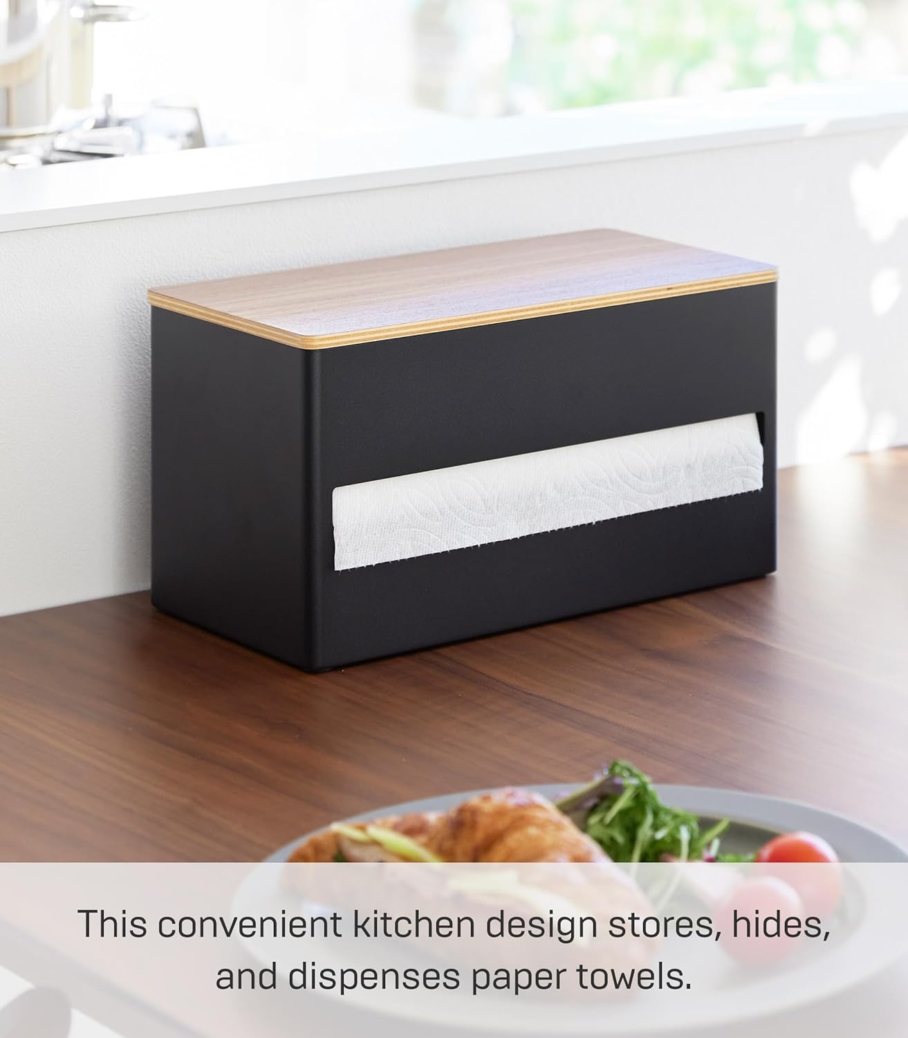 image:imageYamazaki Home Rin Kitchen Paper Holder Rin L OneHanded Tear Design Concealed Storage Fits Rolls Up To 6 Steel WoodWalnut