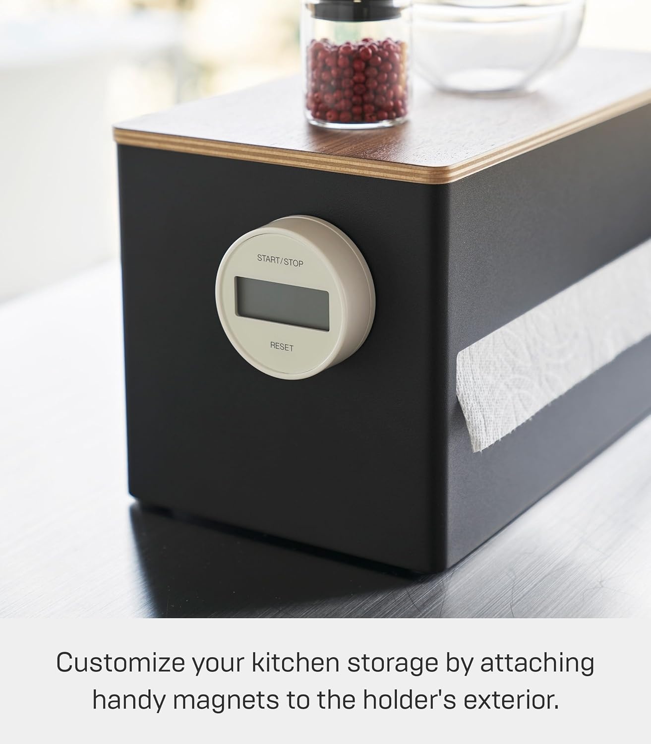 image:imageYamazaki Home Rin Kitchen Paper Holder Rin L OneHanded Tear Design Concealed Storage Fits Rolls Up To 6 Steel WoodWalnut
