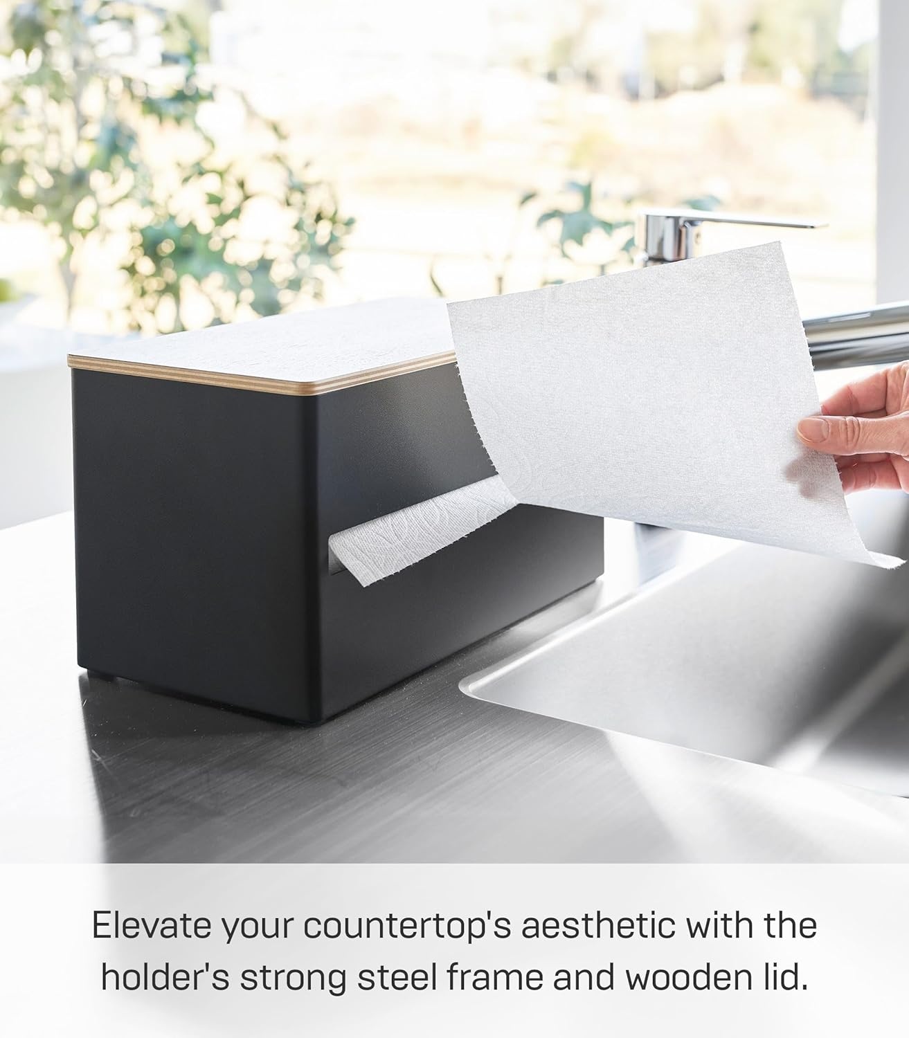 image:imageYamazaki Home Rin Kitchen Paper Holder Rin L OneHanded Tear Design Concealed Storage Fits Rolls Up To 6 Steel WoodWalnut