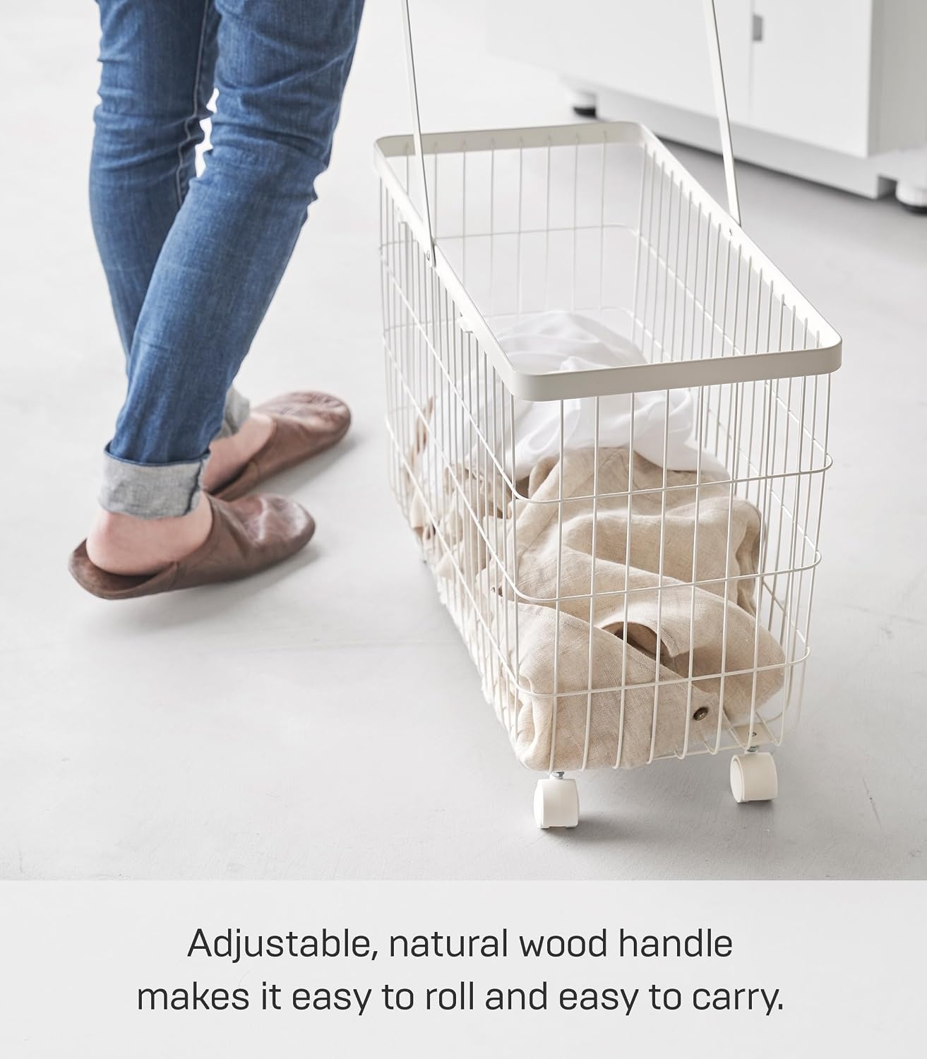 image:imageYamazaki Home Tosca Compact Rolling Laundry Basket Cart Metal Hamper With Wheels And Handle For Easy Mobility SpaceSaving Storage Solution 15 Steel Wood 92 Gallons 35LWhite