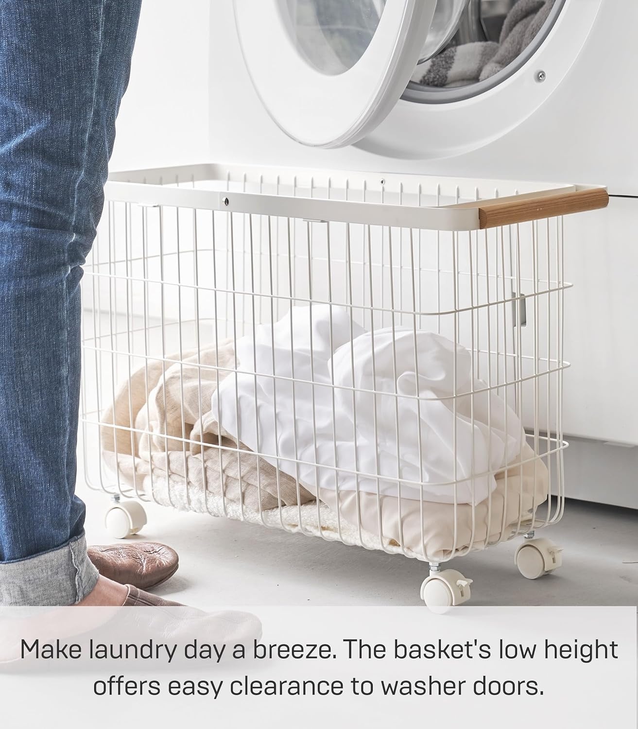 image:imageYamazaki Home Tosca Compact Rolling Laundry Basket Cart Metal Hamper With Wheels And Handle For Easy Mobility SpaceSaving Storage Solution 15 Steel Wood 92 Gallons 35LWhite