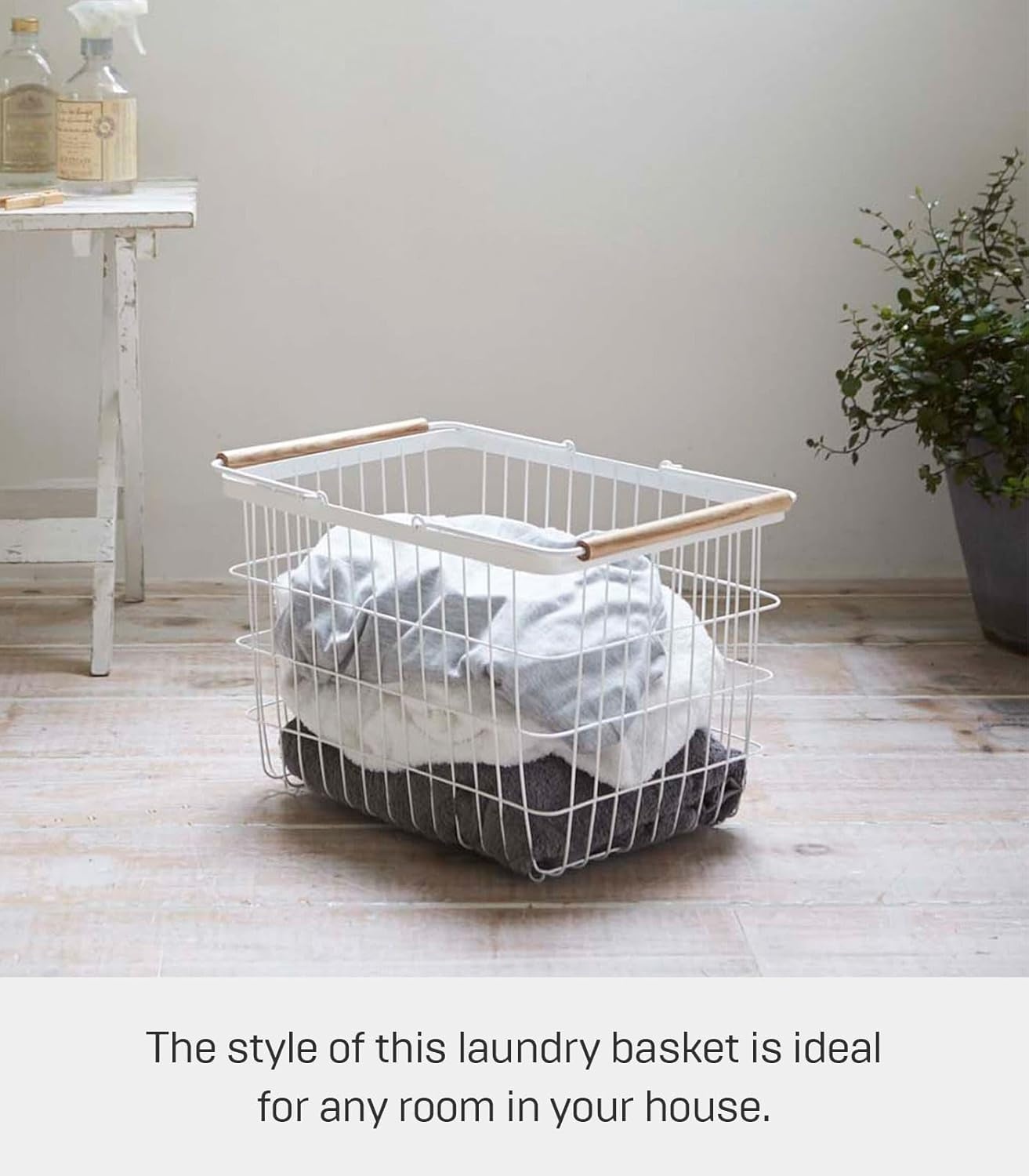 image:imageYamazaki Home Tosca Laundry Basket Laundry Basket With Wooden Handles Medium 11 Steel Wood 6 Gallons 23 LitersMedium